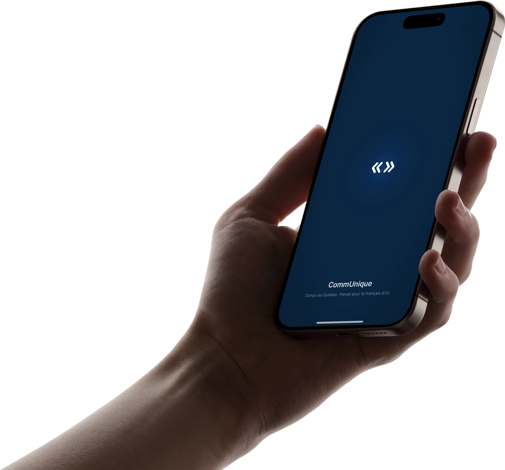 Main tenant un téléphone, l’écran d’accueil de CommUnique affiché