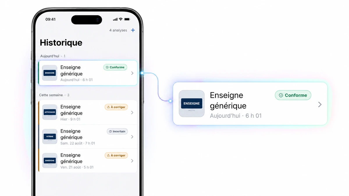 Téléphone montrant l’historique des analyses, la rangée au verdict Conforme mise en avant