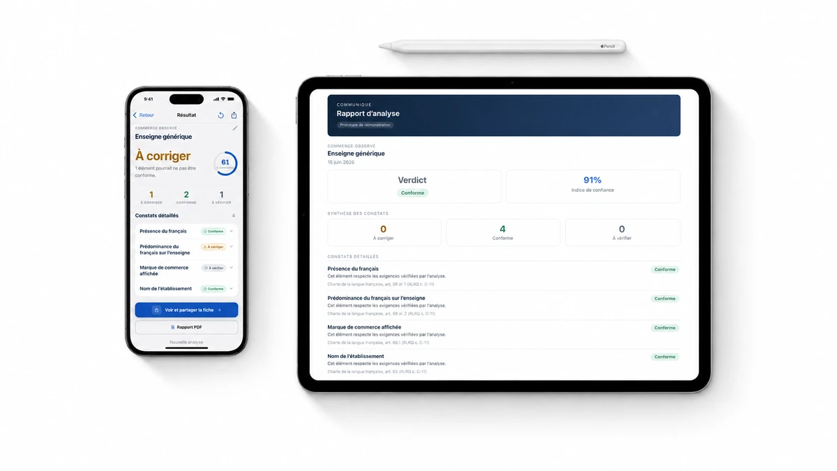 Rapport d’analyse d’une page affiché sur un iPad, avec l’application ouverte sur un iPhone posé devant