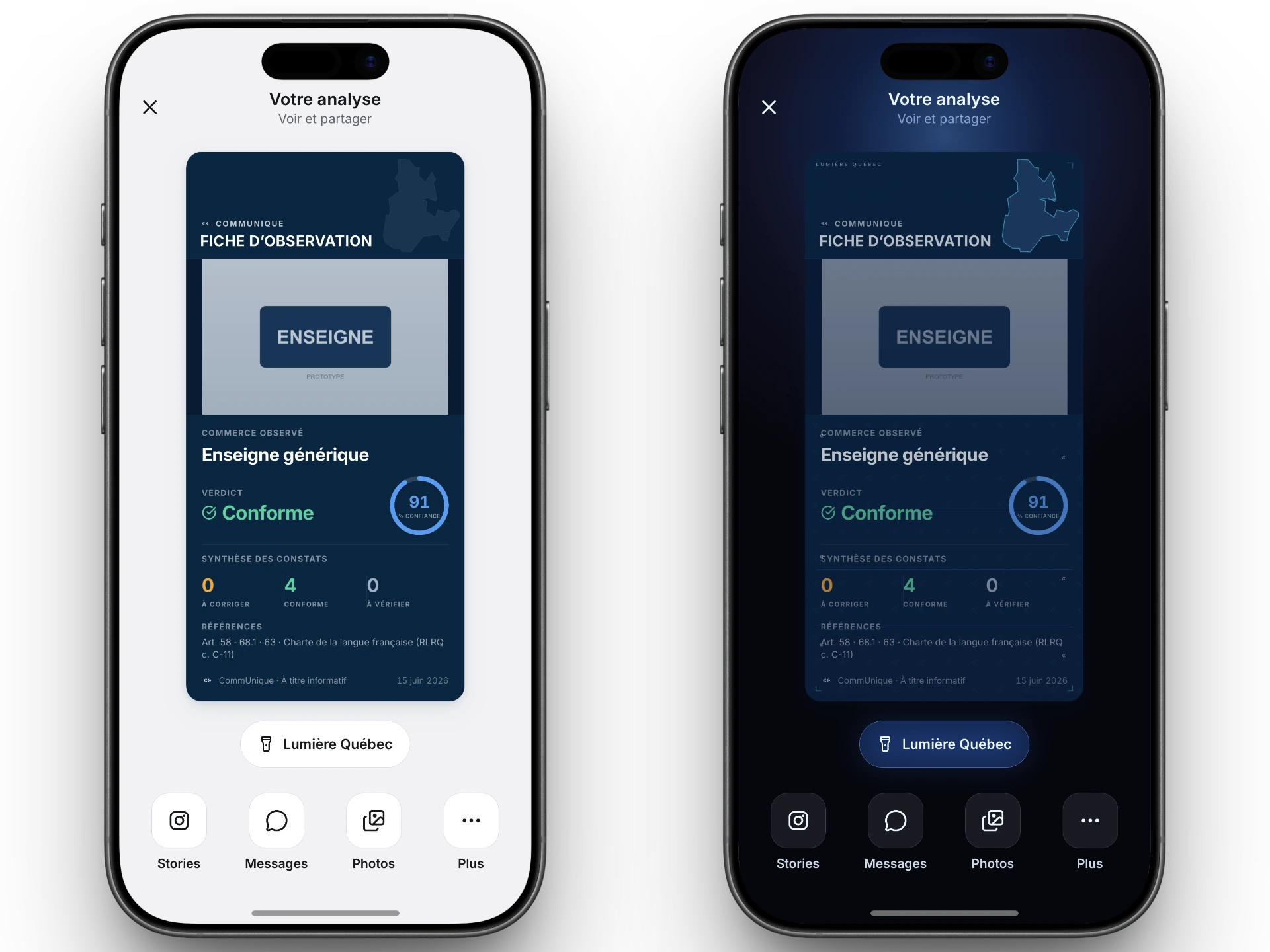 Deux téléphones côte à côte, la fiche d’observation en présentation claire et sombre