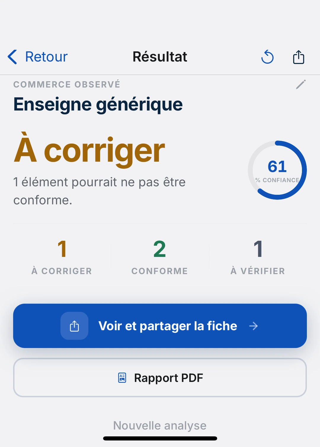 Écran de résultat, verdict À corriger et constats détaillés